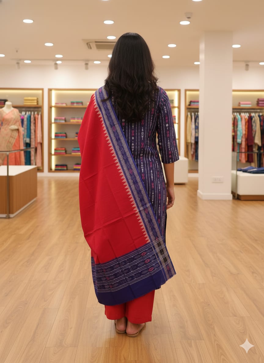 Blue Red Handwoven Odisha Ikat Unstitched Dress Material Set (Top 2.5m, Bottom 2m, Dupatta 2.5m)
