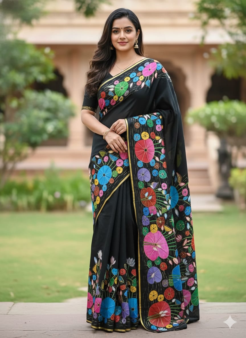 Black Water Lily Morden Art Theme Pattachitra Khadi Silk Saree