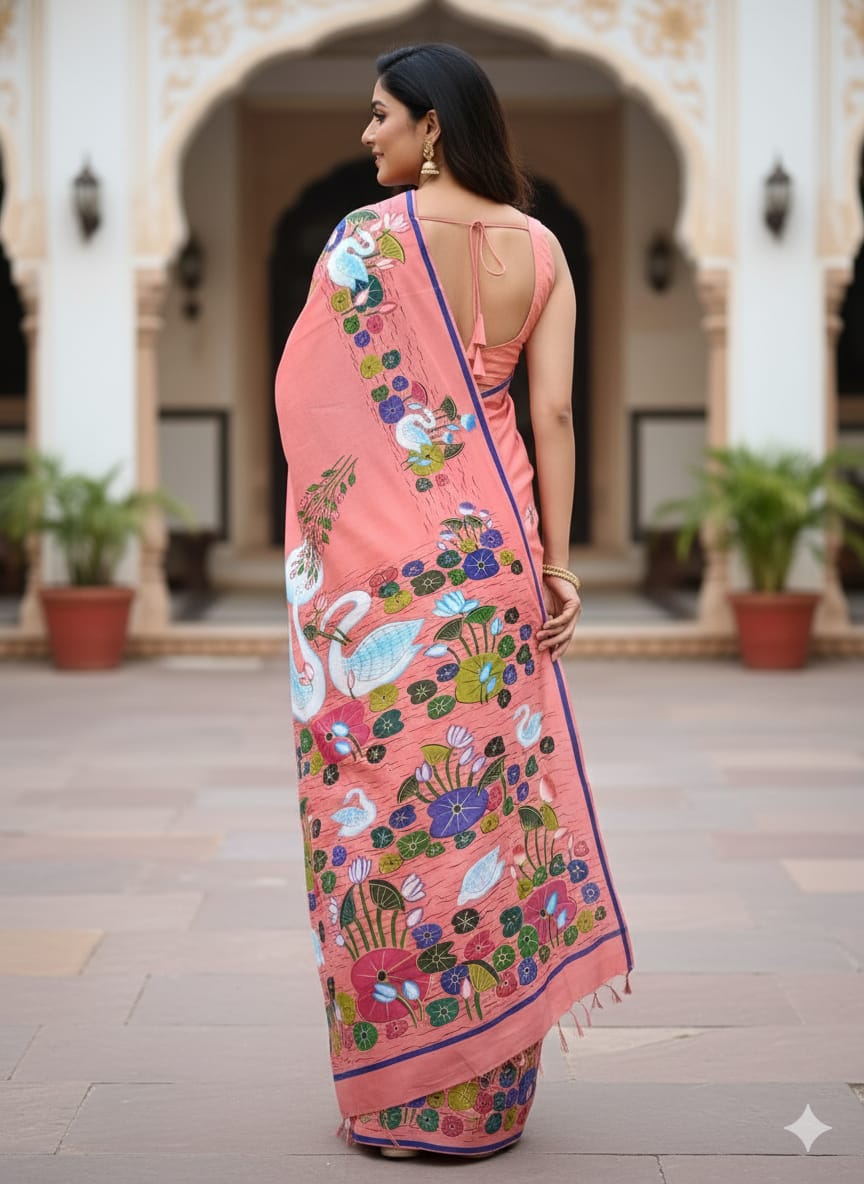 Peach Water Lily And Swan Morden Art Theme Pattachitra Khadi Silk Saree