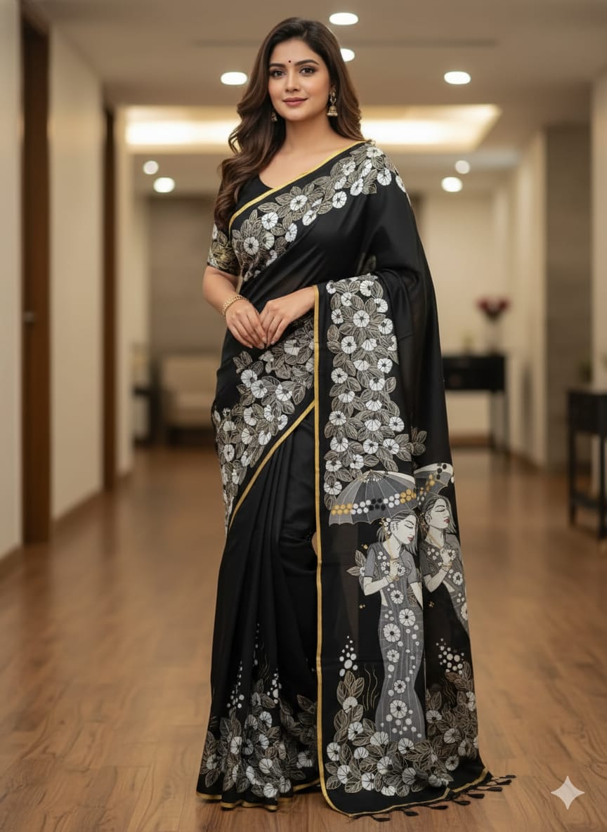 Black Lady With Umbrella Morden Art Theme Pattachitra Khadi Silk Saree