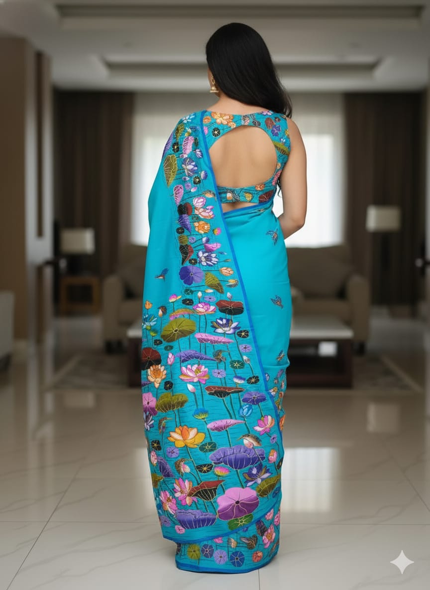 Sky Water Lily Morden Art Theme Pattachitra Khadi Silk Saree