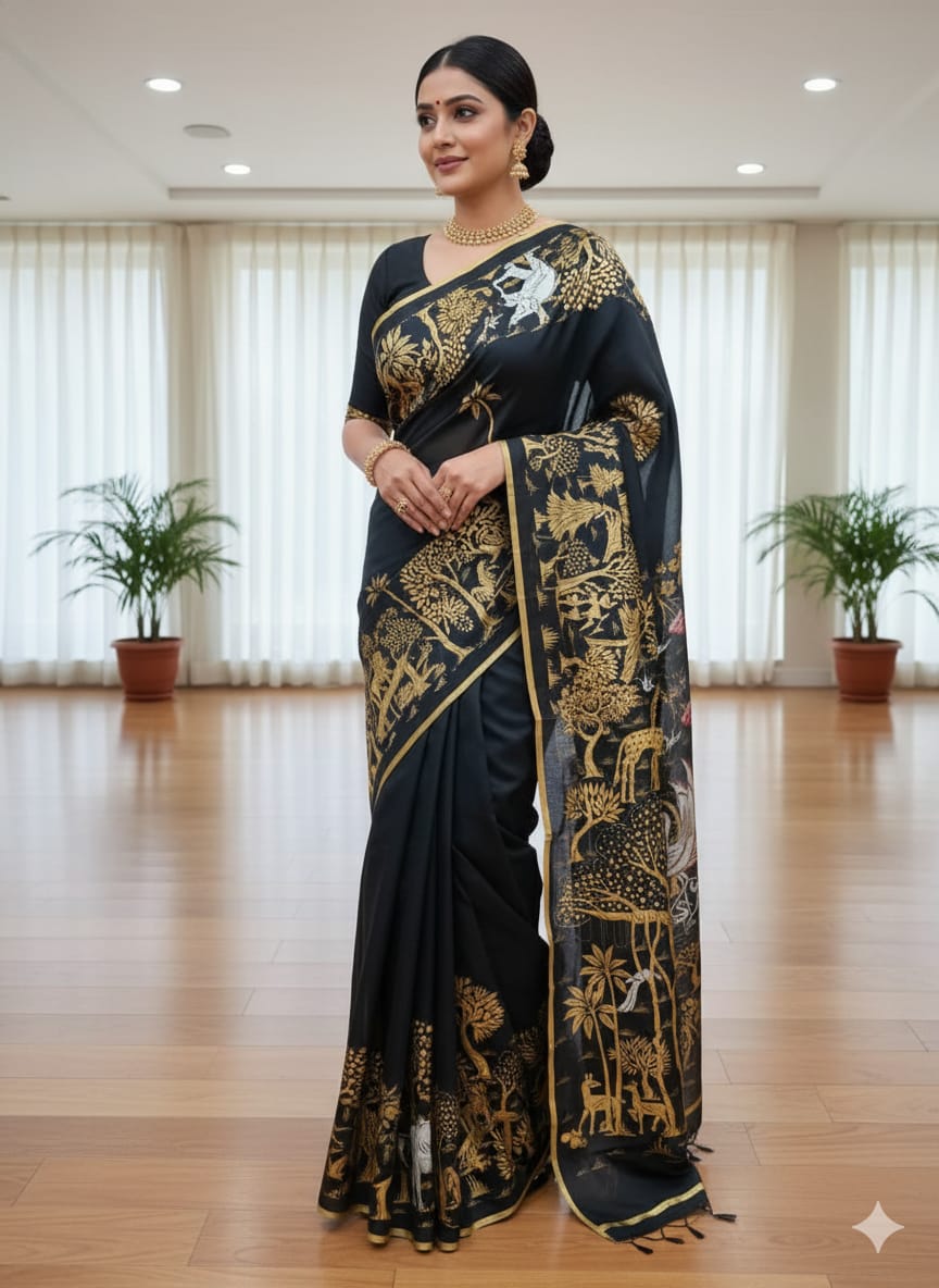 Black Jungle Morden Art Theme Pattachitra Khadi Silk Saree