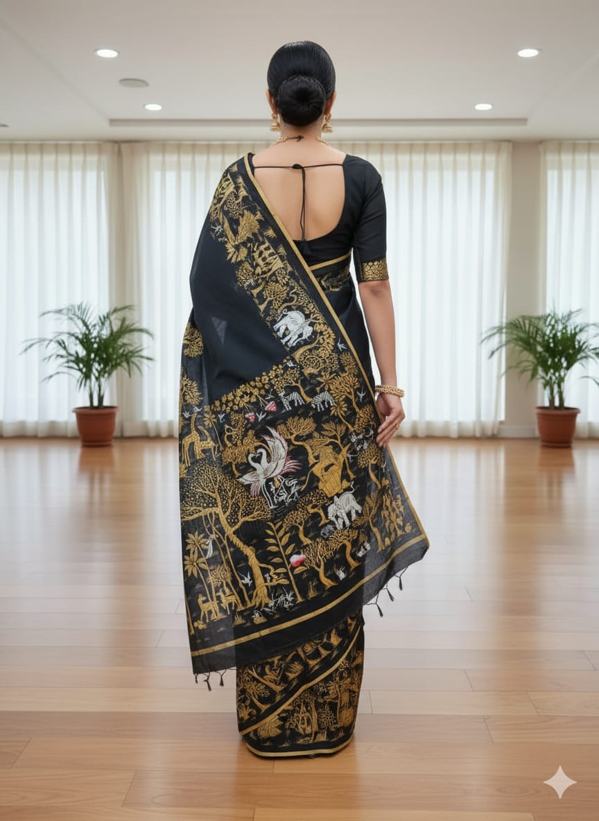 Black Jungle Morden Art Theme Pattachitra Khadi Silk Saree