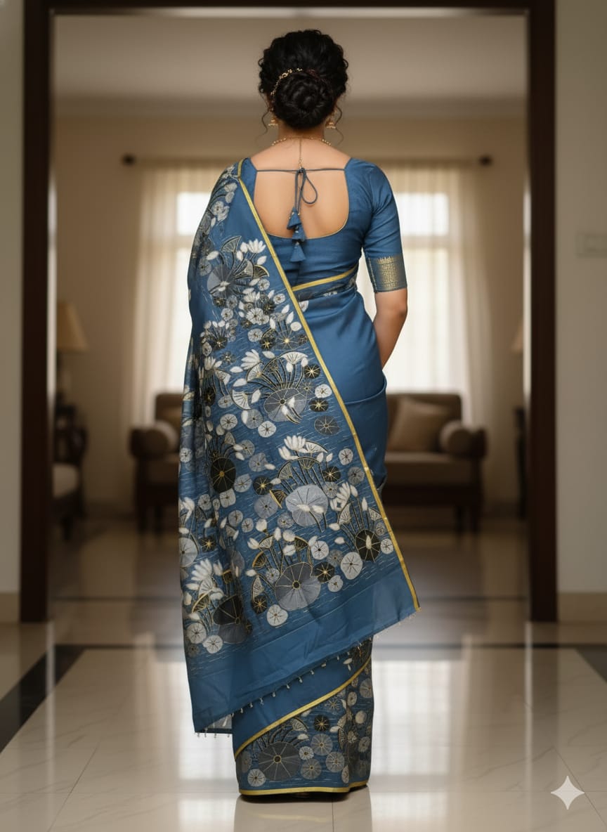 Grey Water Lily Morden Art Theme Pattachitra Khadi Silk Saree