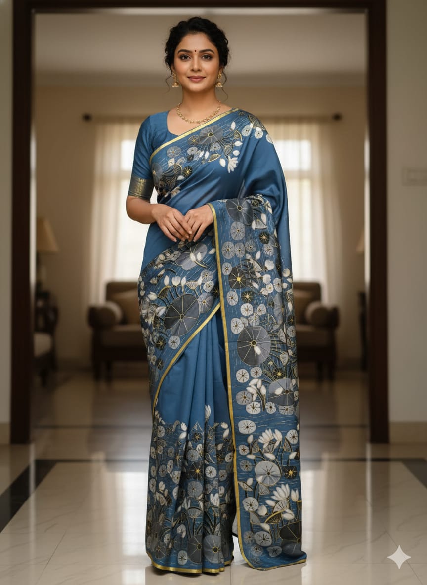 Grey Water Lily Morden Art Theme Pattachitra Khadi Silk Saree