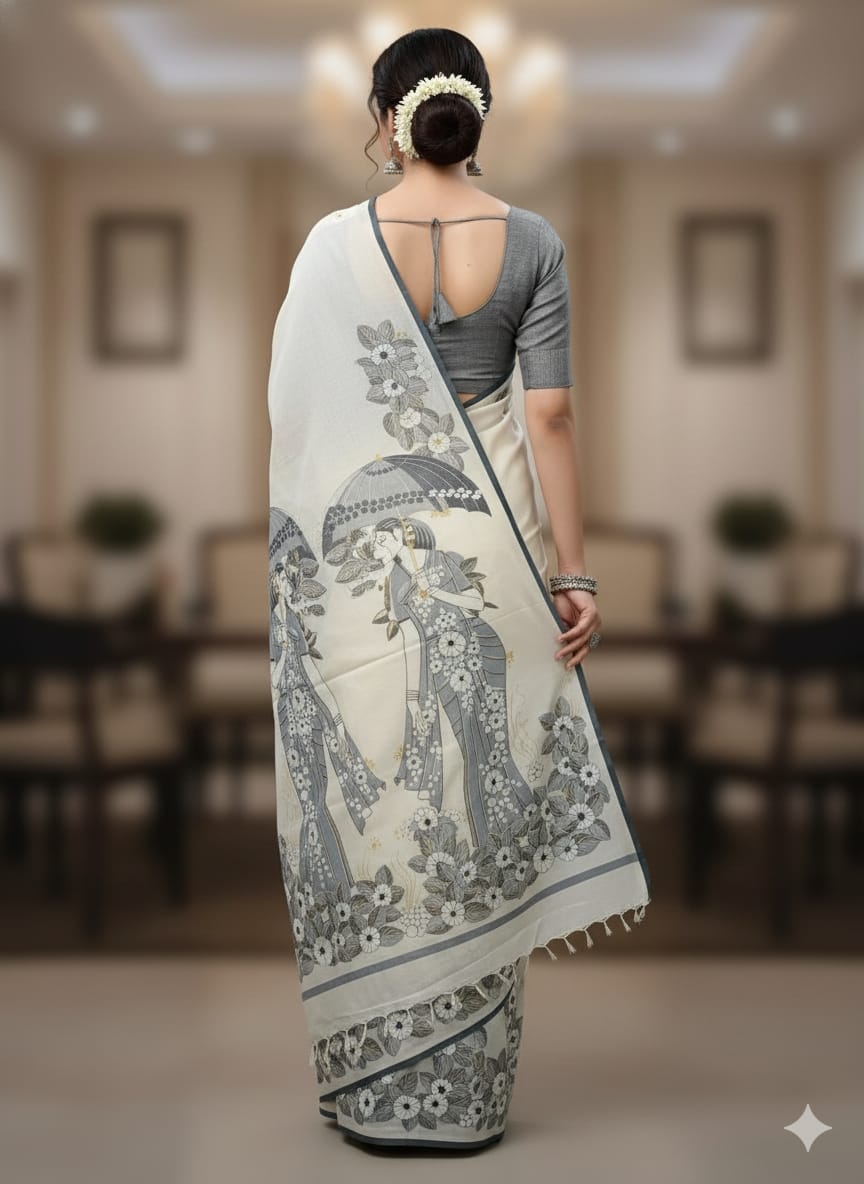 White Lady With Umbrella Morden Art Theme Pattachitra Khadi Silk Saree