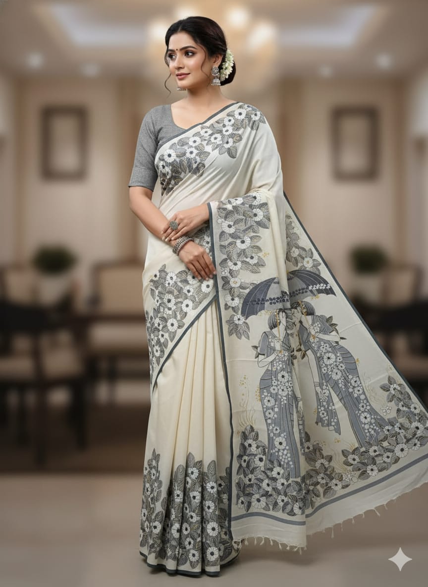 White Lady With Umbrella Morden Art Theme Pattachitra Khadi Silk Saree