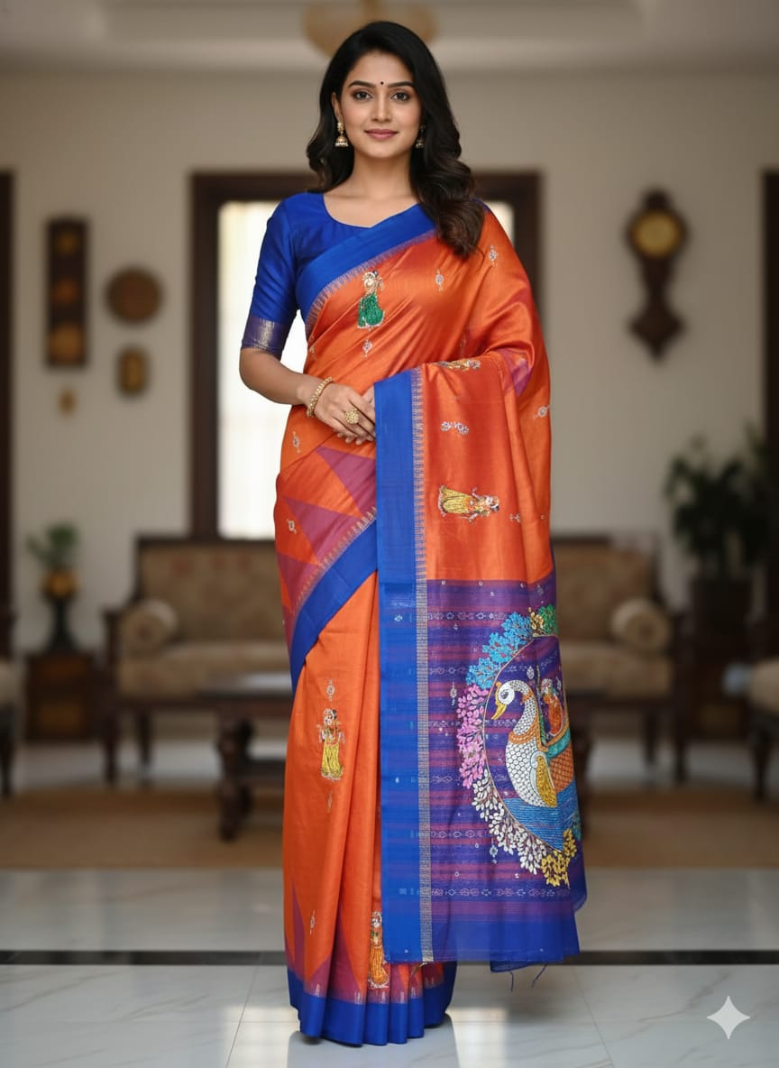 Orange Blue Nabakeli Boita Theme Pattachitra Tissue Cotton Saree