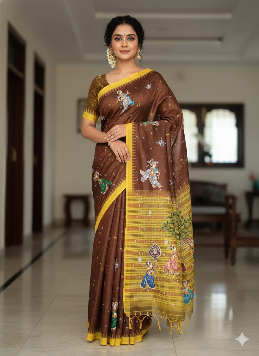 Brown Yellow Radha Krishna Rasa Theme Pattachitra Tissue Cotton Saree
