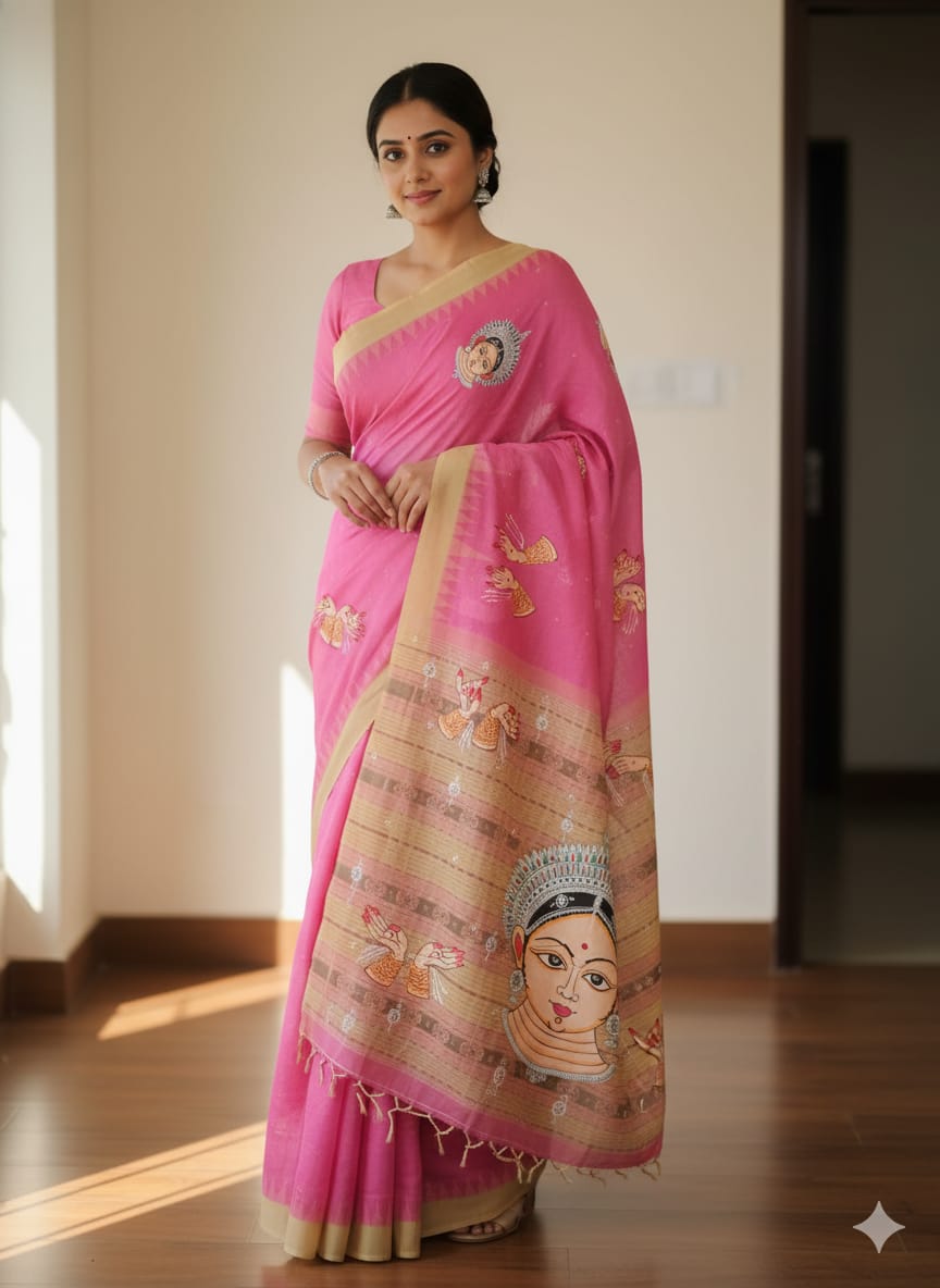 Pink Off White Odishi Face And Mudra Theme Pattachitra Tissue Cotton Saree