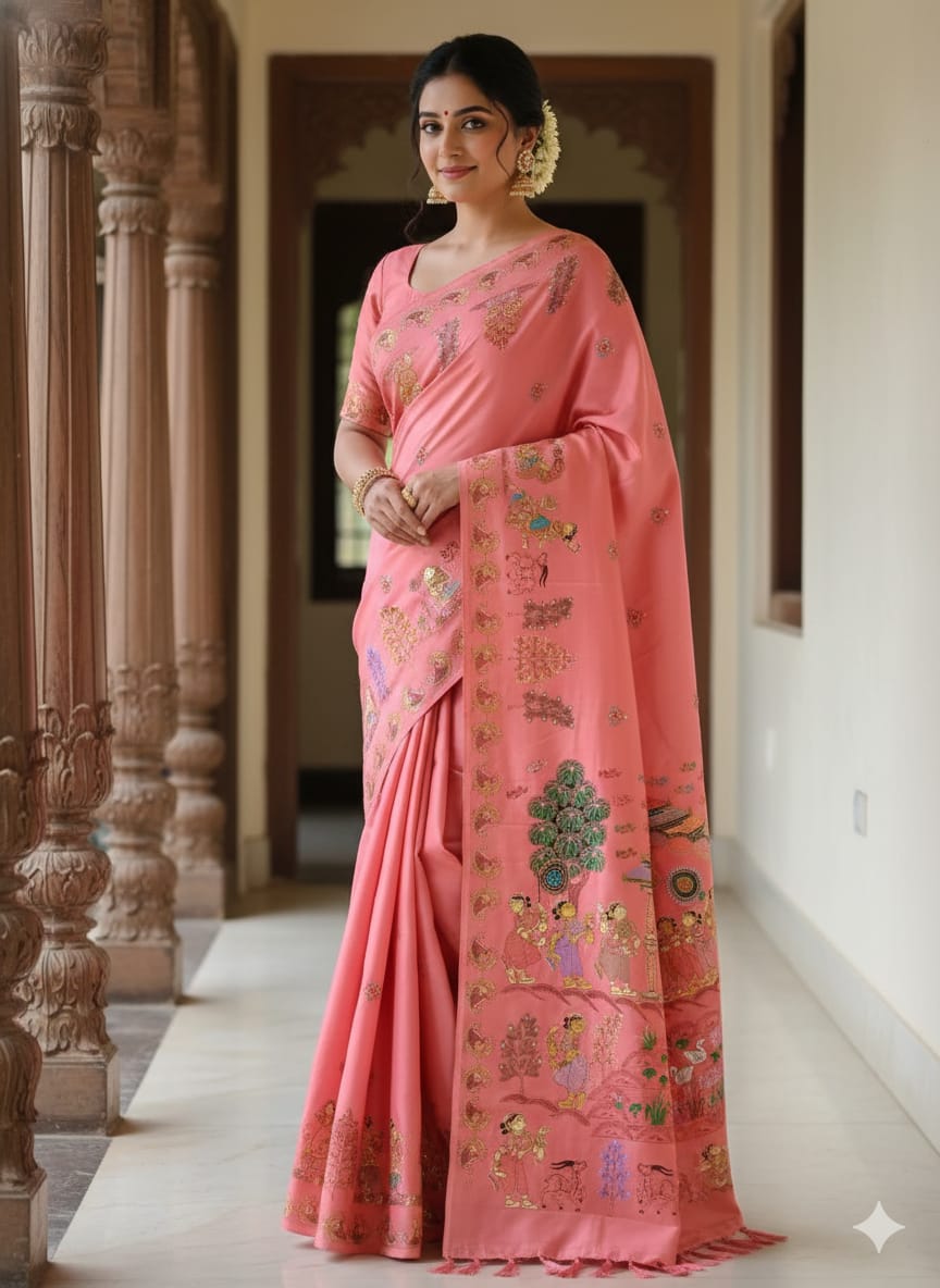 Peach Sakhi Rasa Theme Pattachitra Khadi Silk Saree