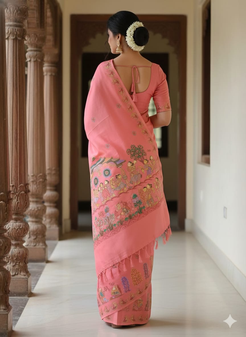 Peach Sakhi Rasa Theme Pattachitra Khadi Silk Saree