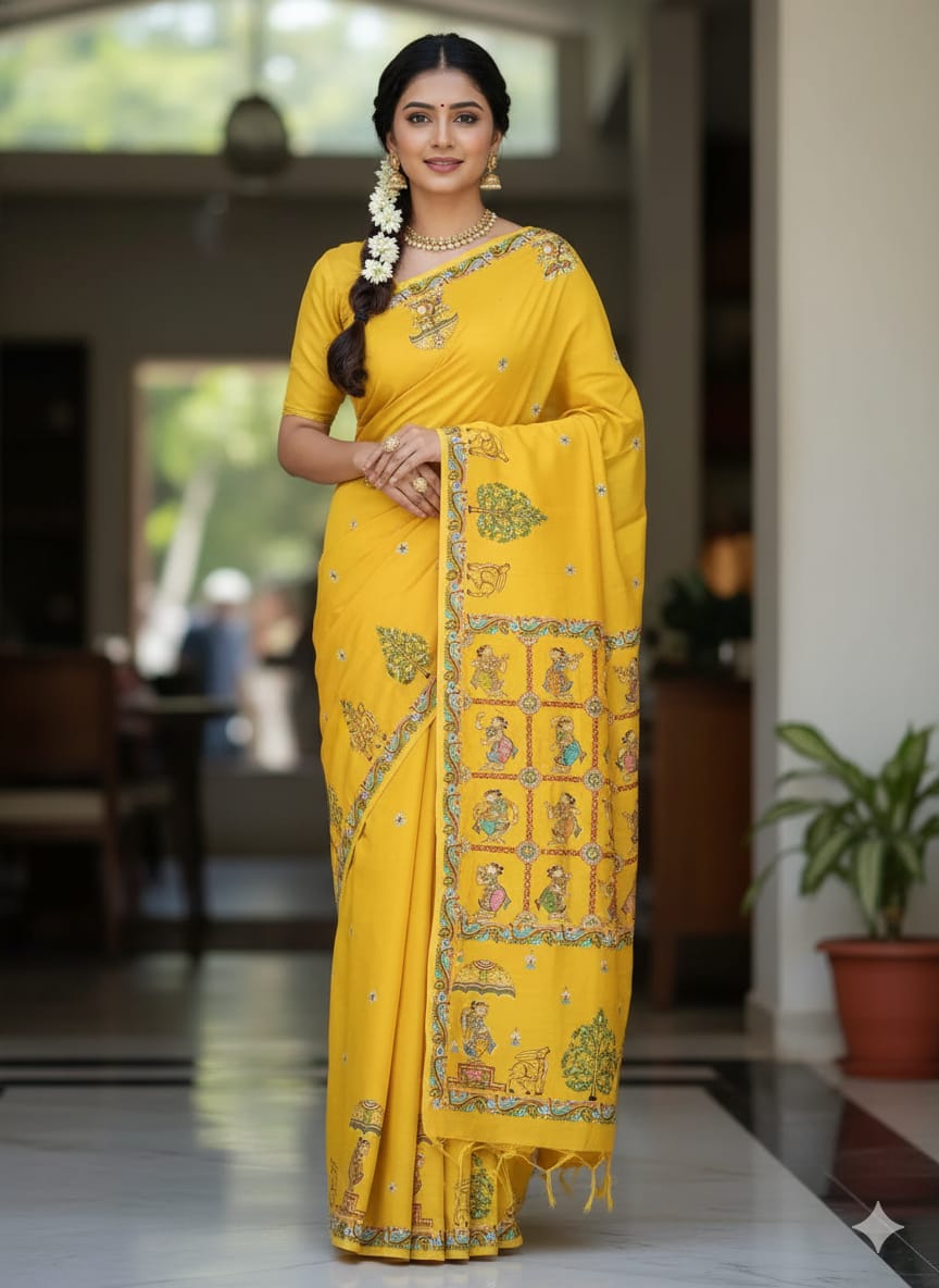Yellow Dance Theme Pattachitra Khadi Silk Saree