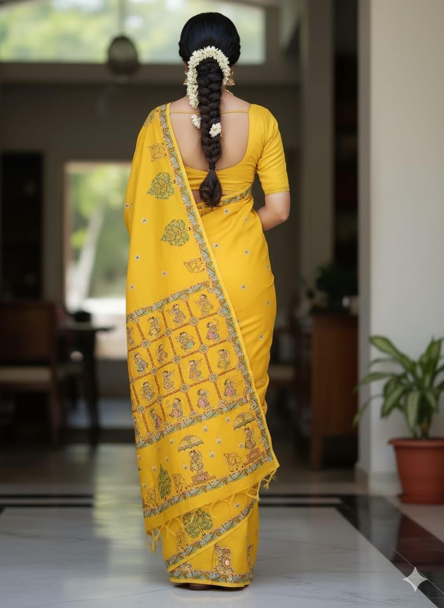 Yellow Dance Theme Pattachitra Khadi Silk Saree