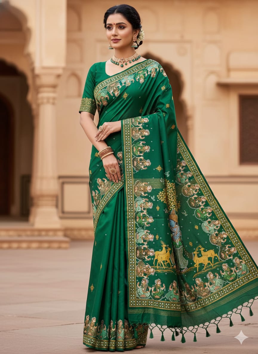 Green Radha Krishna Rasa Theme Pattachitra Khadi Silk Saree