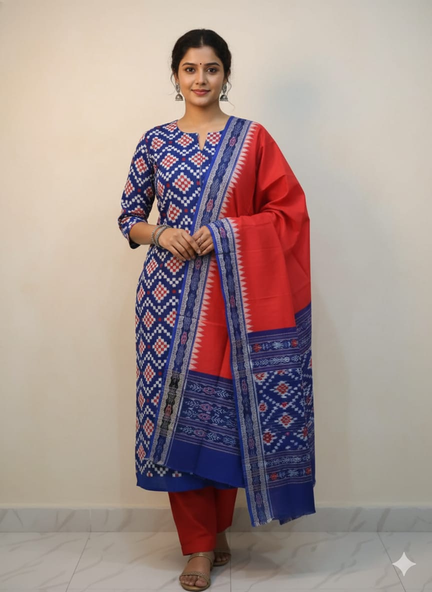 Blue White Red Pasapali Design Dress Set