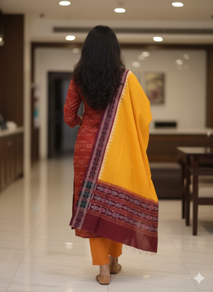 Maroon Yellow Ikat Design Dress Set