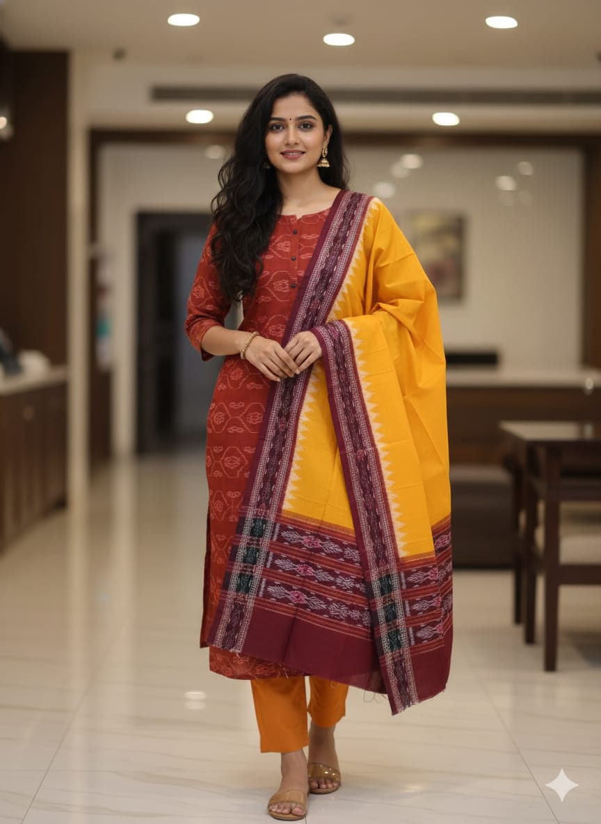 Maroon Yellow Ikat Design Dress Set