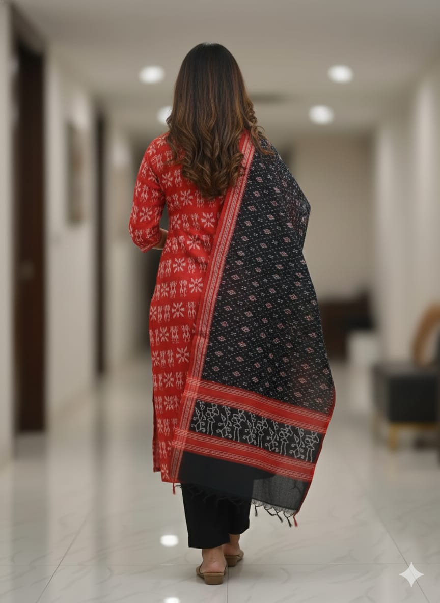 Red Black  Handwoven Odisha Ikat Unstitched Dress Material Set (Top 2.5m, Bottom 2m, Dupatta 2.5m)