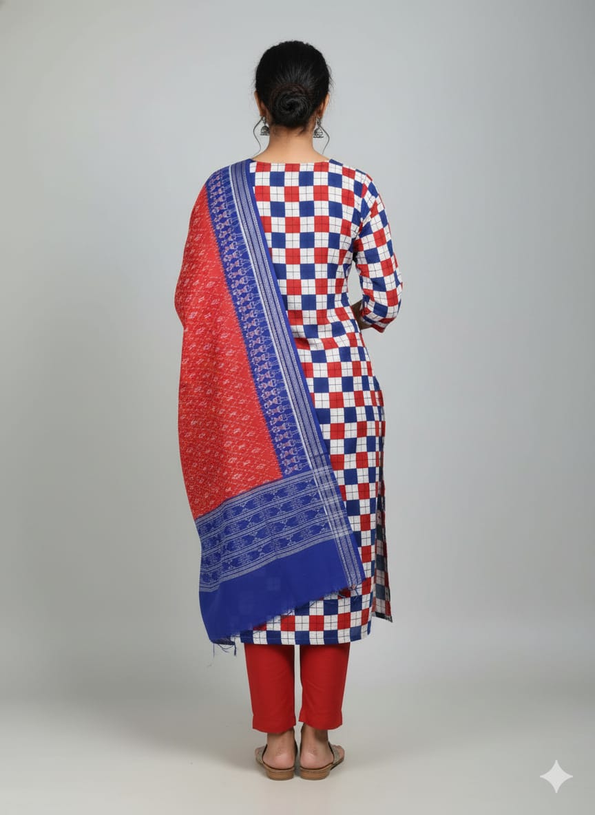 Blue White Red Square Pasapali  Handwoven Odisha Ikat Unstitched Dress Material Set (Top 2.5m, Bottom 2m, Dupatta 2.5m)