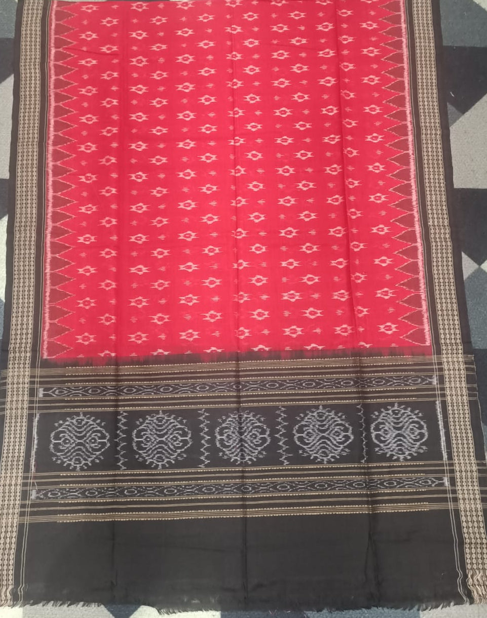 Black Red Flower  Handwoven Odisha Ikat Unstitched Dress Material Set (Top 2.5m, Bottom 2m, Dupatta 2.5m)