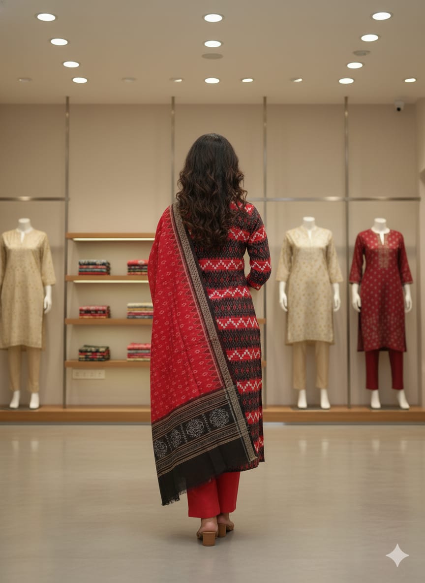 Black Red Flower  Handwoven Odisha Ikat Unstitched Dress Material Set (Top 2.5m, Bottom 2m, Dupatta 2.5m)