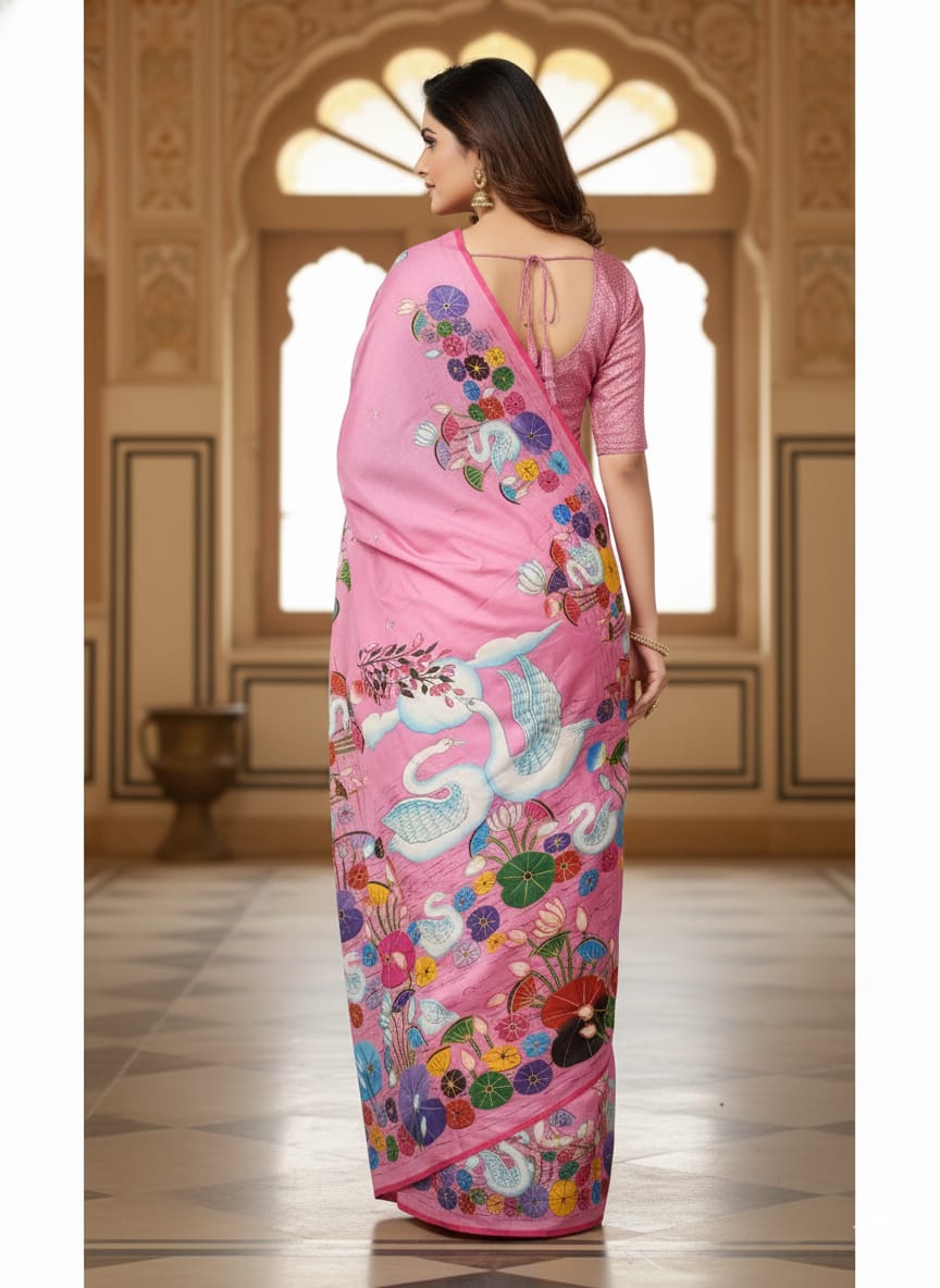 Pink Water Lily And Swan Morden Art Theme Pattachitra Khadi Silk Saree