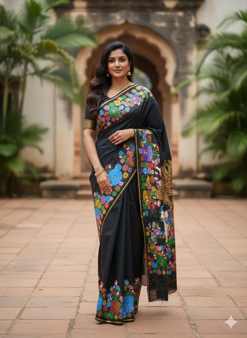 Black Kamadhenu With Lord Krishna Morden Art Theme Pattachitra Khadi Silk Saree