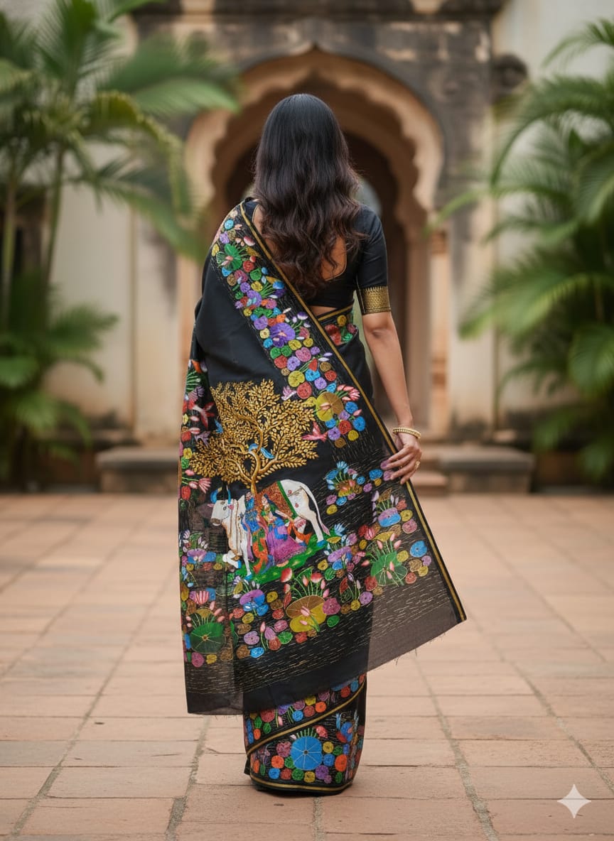 Black Kamadhenu With Lord Krishna Morden Art Theme Pattachitra Khadi Silk Saree