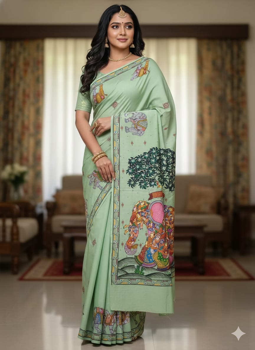 Aqua Kandarp Hasti Theme Pattachitra Khadi Silk Saree