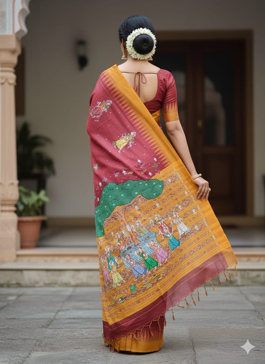 Maroon Yellow Bata Sabitri Theme Pattachitra Tussar Silk Saree