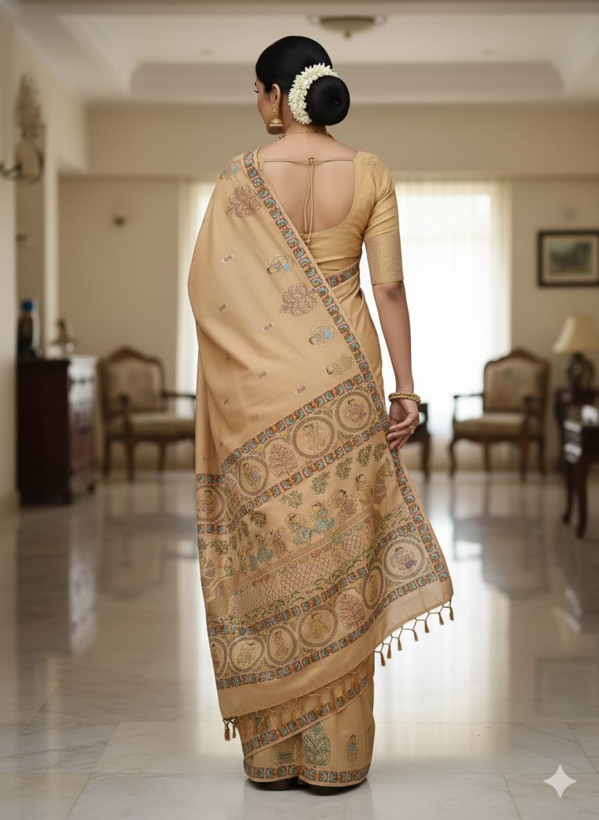 Sandle Sakhi Rasa Theme Pattachitra Khadi Silk Saree