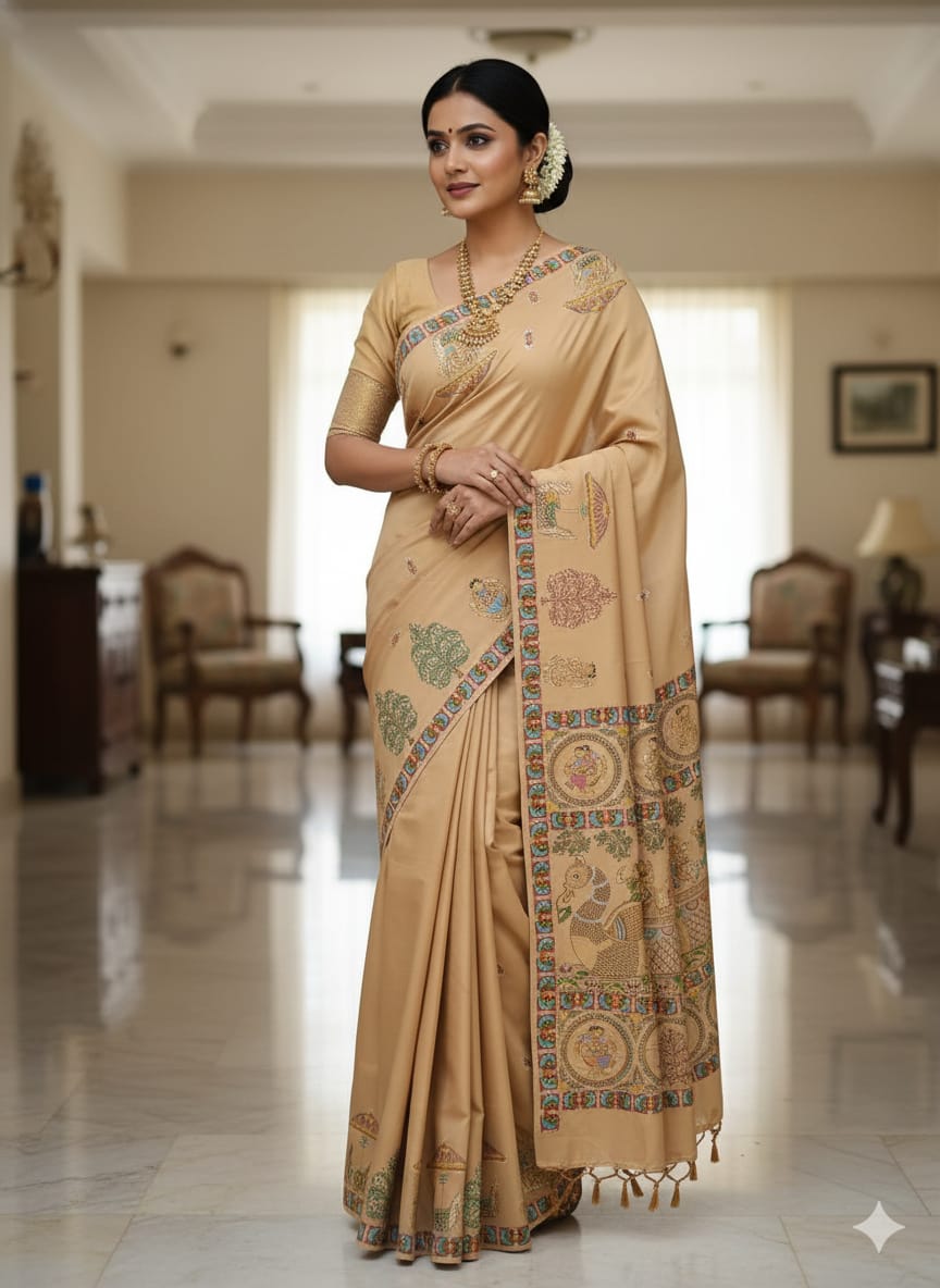 Sandle Sakhi Rasa Theme Pattachitra Khadi Silk Saree