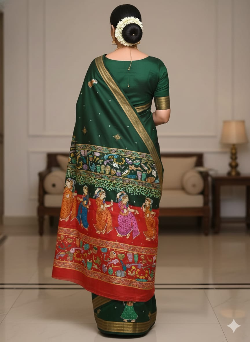 Green Red Musical Instruments And Dancer Theme Pattachitra Kanjeeveram Silk Saree