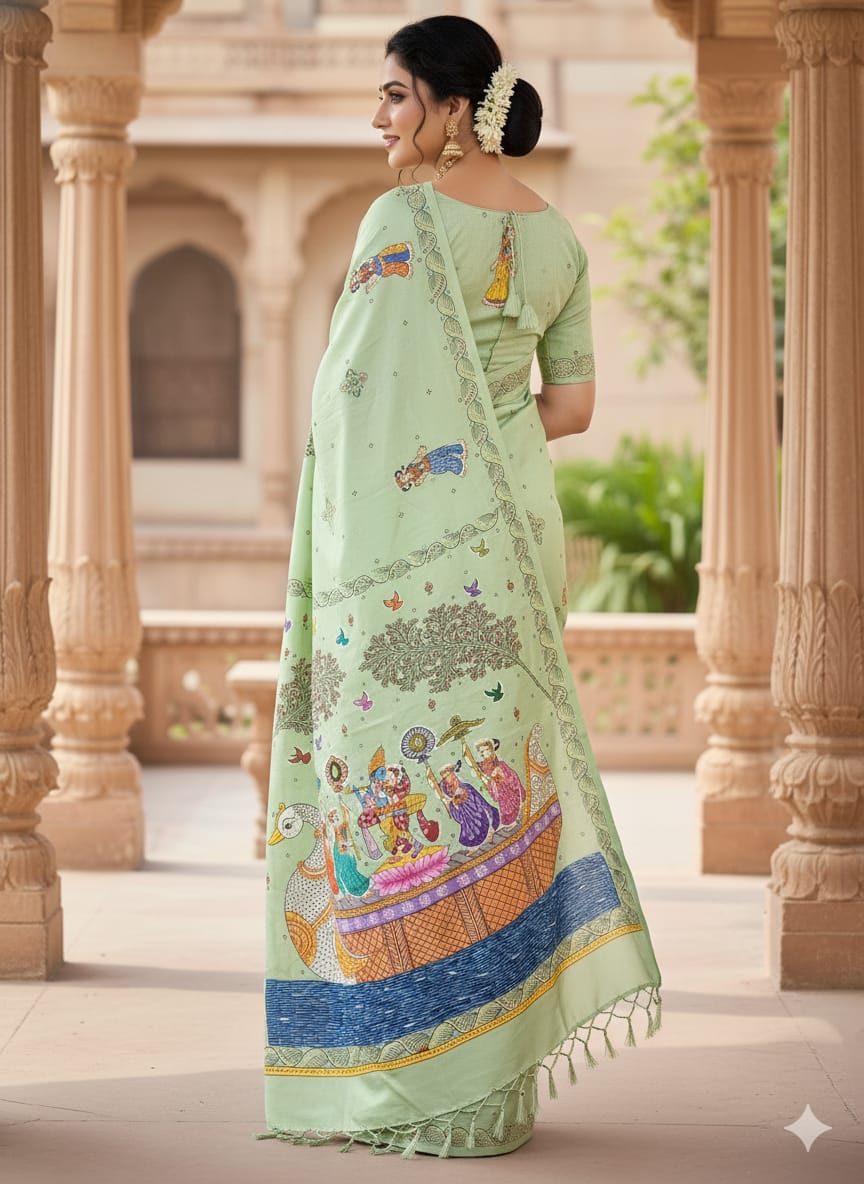 Aqua Nabakeli Boita Theme Pattachitra Khadi Silk Saree