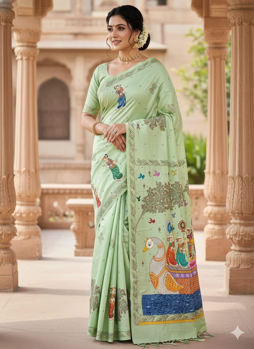 Aqua Nabakeli Boita Theme Pattachitra Khadi Silk Saree