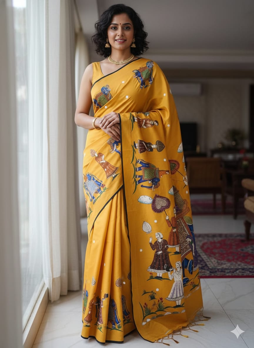 Yellow Ashoka Theme Pattachitra Khadi Silk Saree