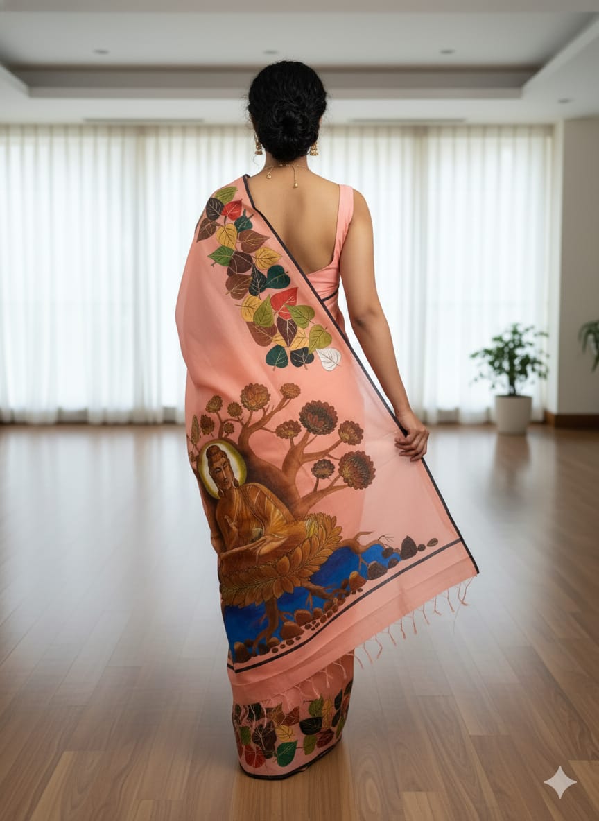 Pink Budha Theme Pattachitra Khadi Silk Saree