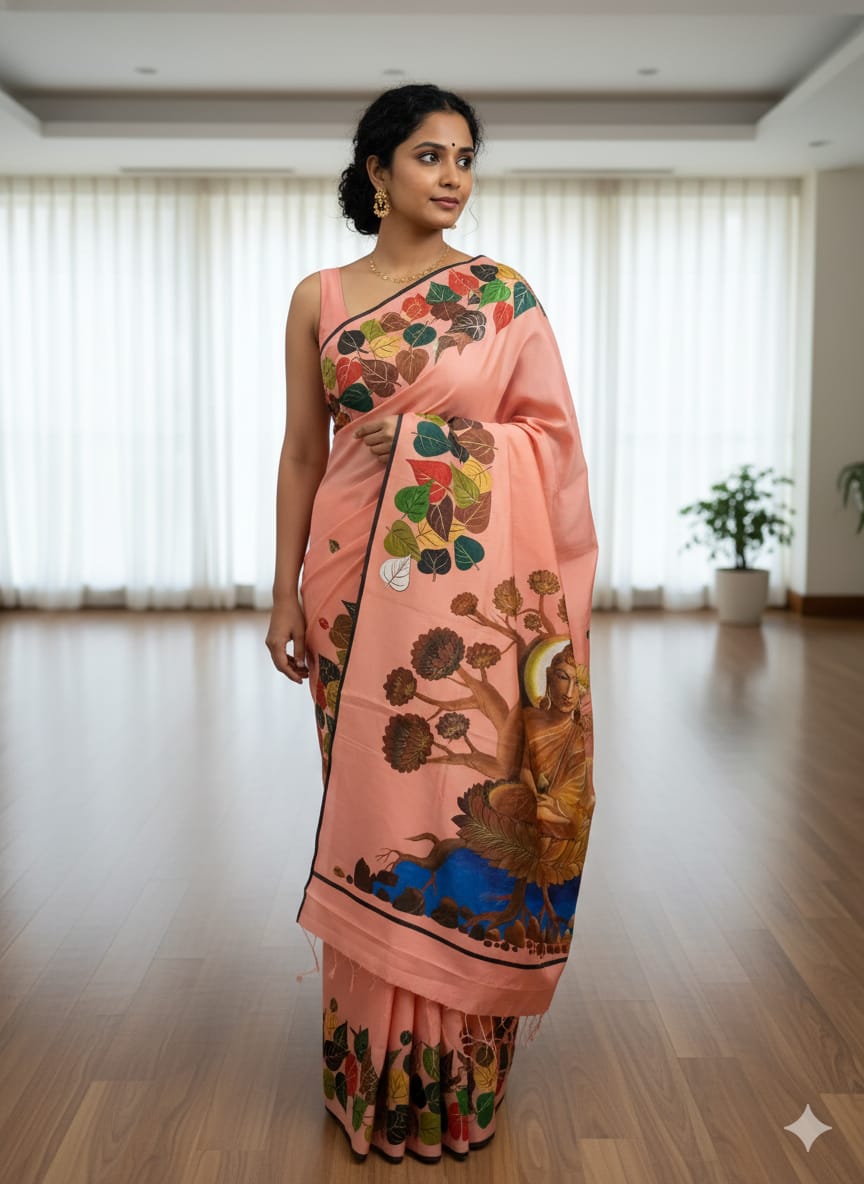 Pink Budha Theme Pattachitra Khadi Silk Saree