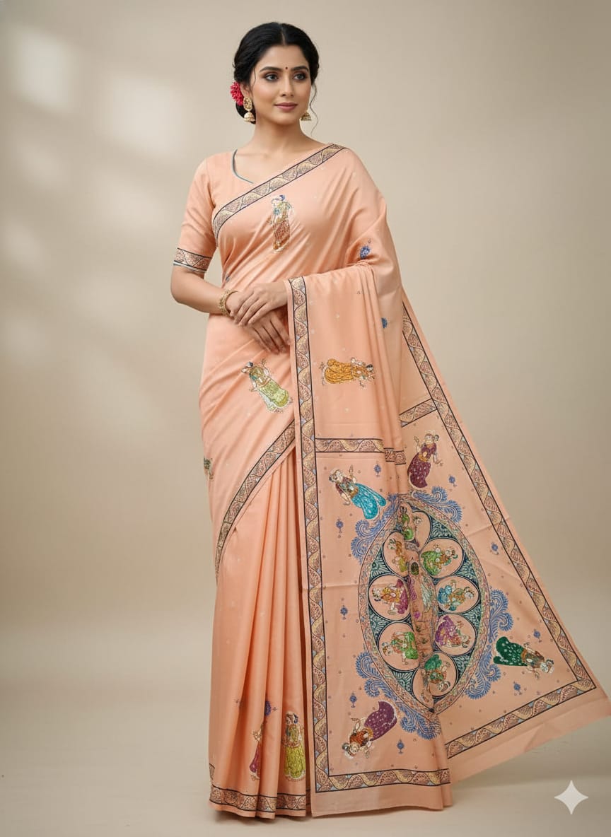 Peach Round Rasa Theme Pattachitra Khadi Silk Saree