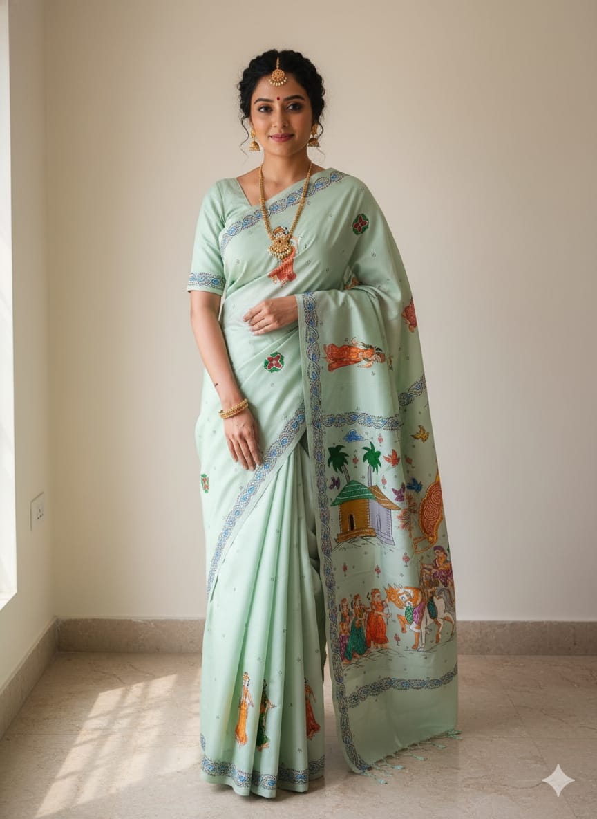 Aqua Mathura Vijay Theme Pattachitra Khadi Silk Saree