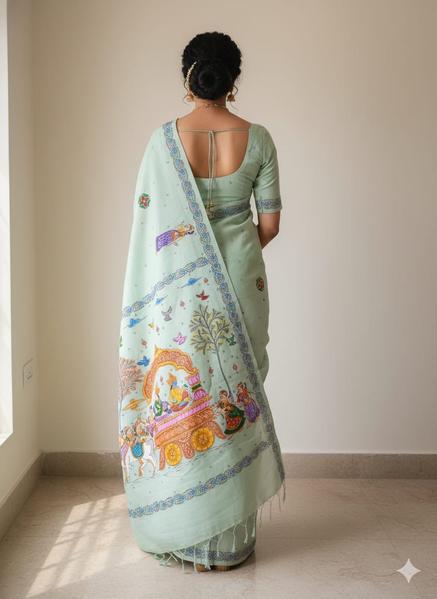 Aqua Mathura Vijay Theme Pattachitra Khadi Silk Saree