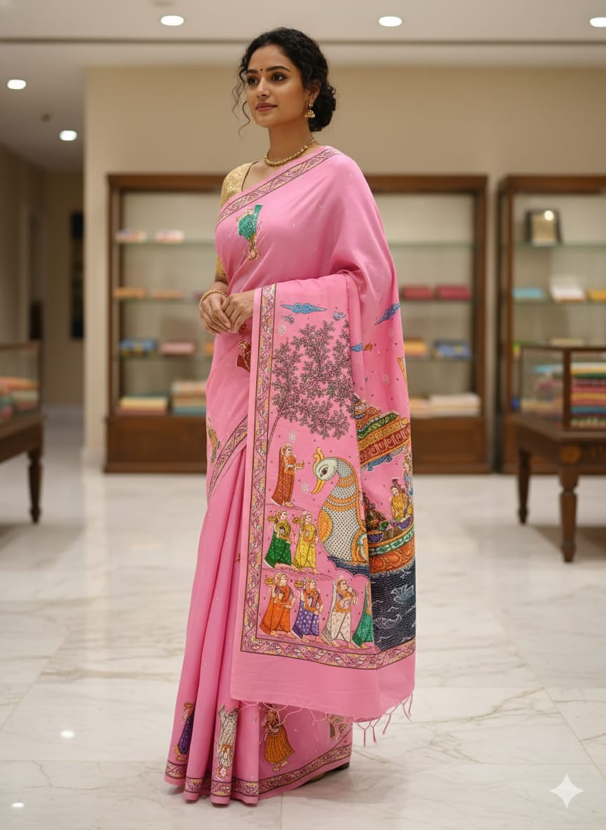 Pink Boita Bandan Theme Pattachitra Khadi Silk Saree