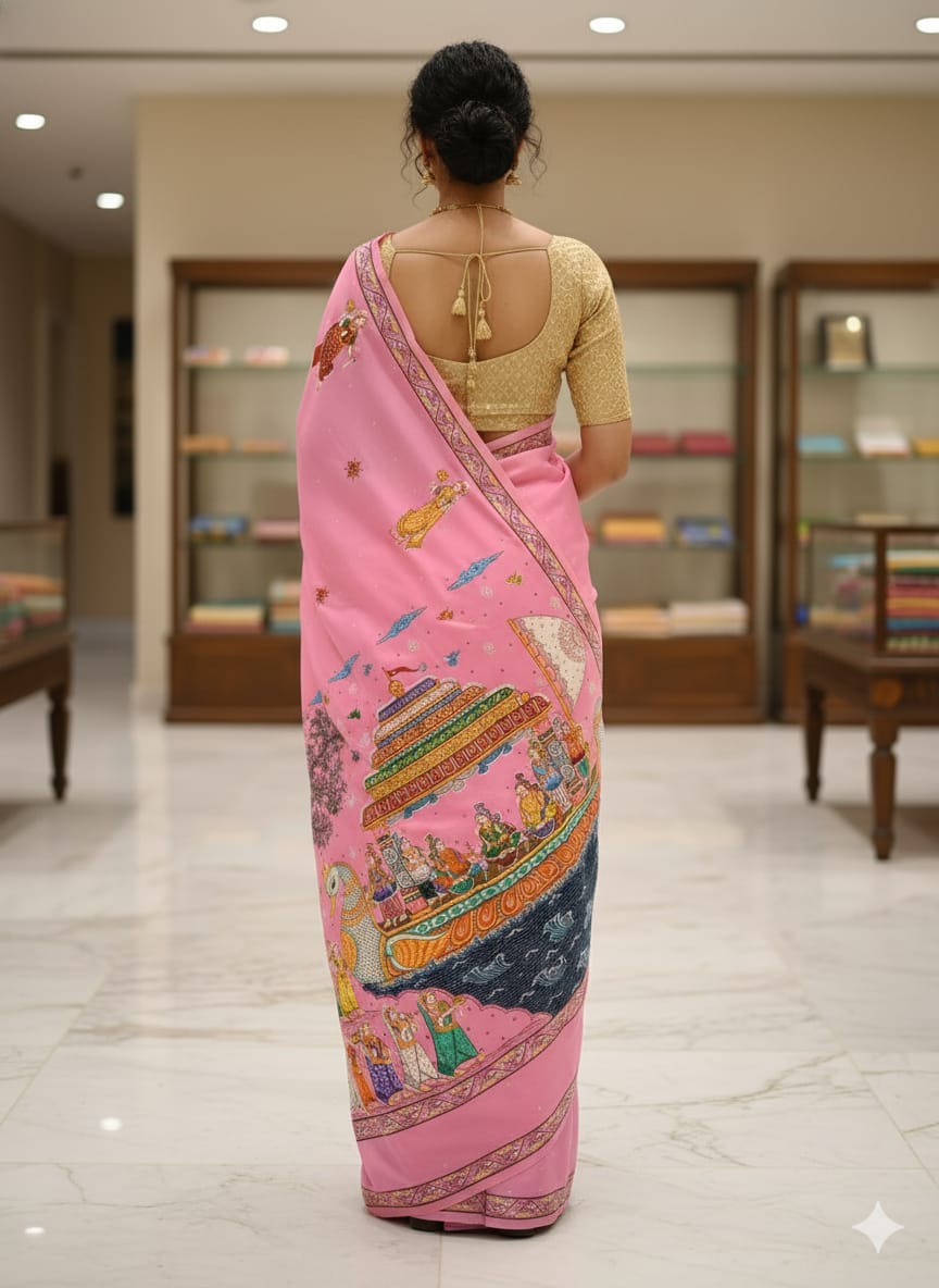 Pink Boita Bandan Theme Pattachitra Khadi Silk Saree