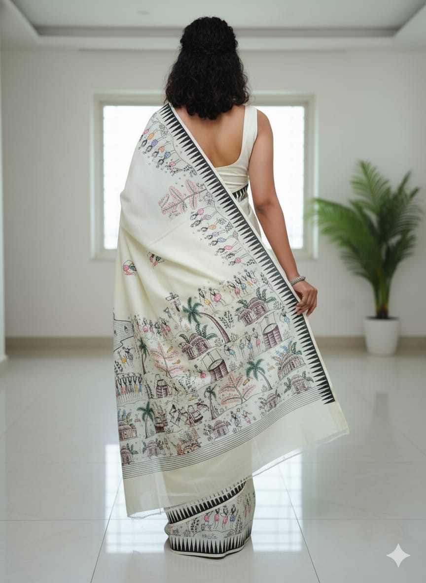 Aqua Tribal Family Theme Pattachitra Khadi Silk Saree