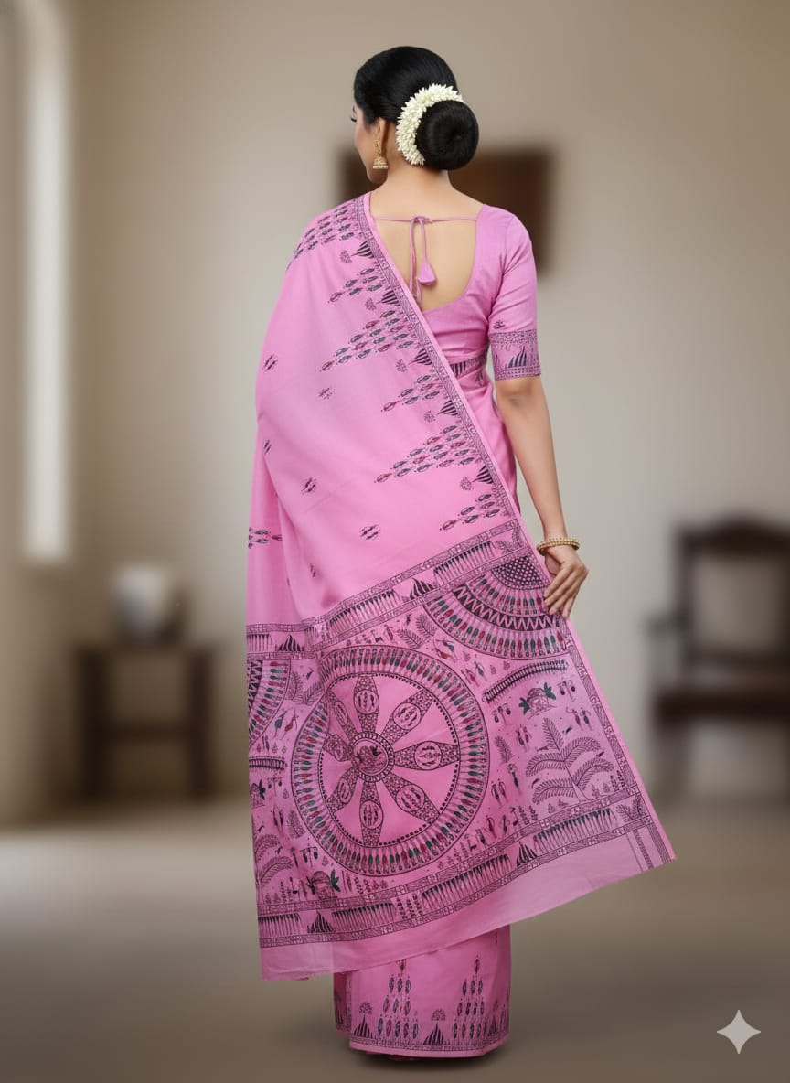 Pink Konark Wheel Tribal Theme Pattachitra Khadi Silk Saree