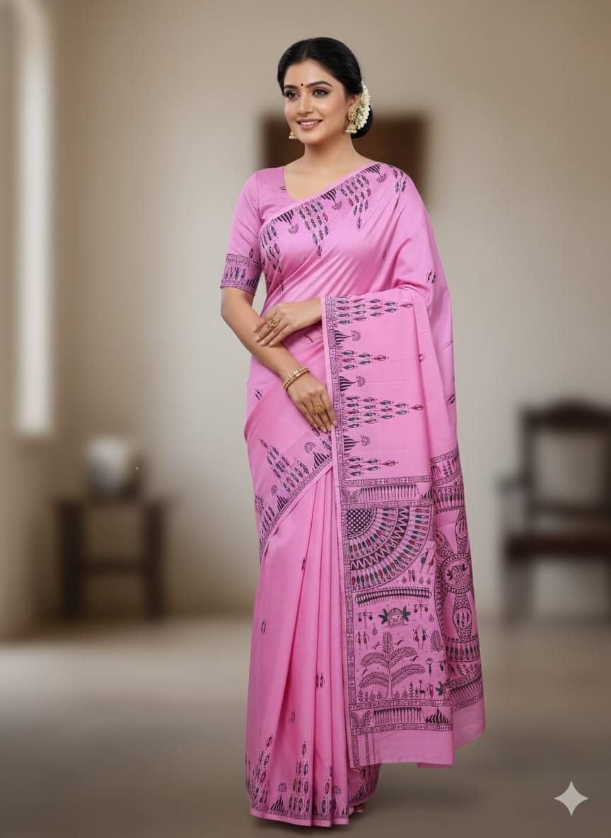 Pink Konark Wheel Tribal Theme Pattachitra Khadi Silk Saree
