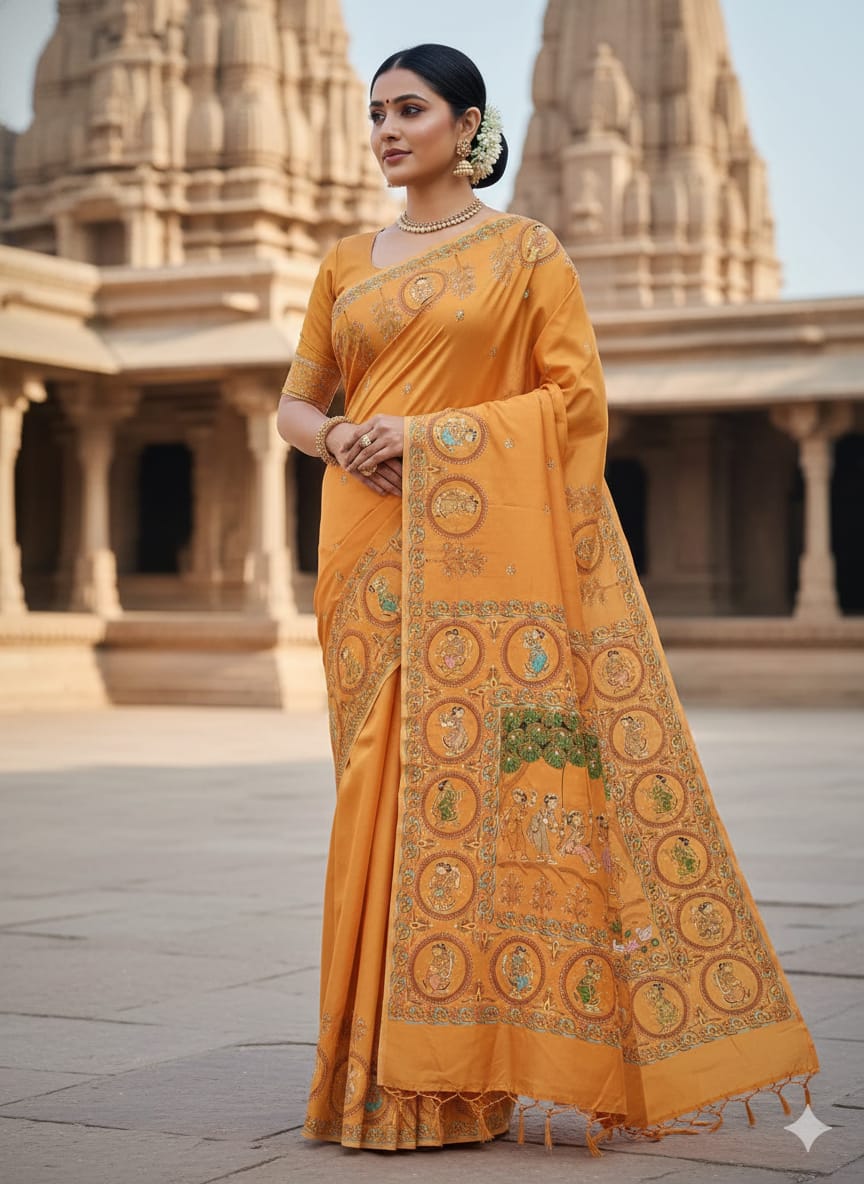 Mustard Raja Doli Theme Pattachitra Khadi Silk Saree