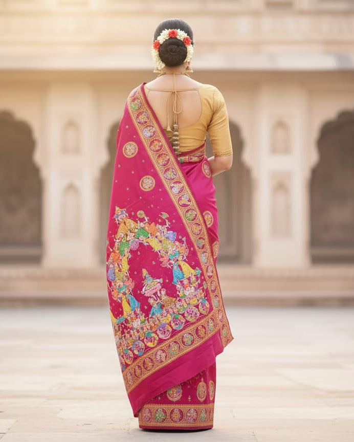 Magenta Kandarp Ratha Theme Pattachitra Sambalpuri Silk Saree