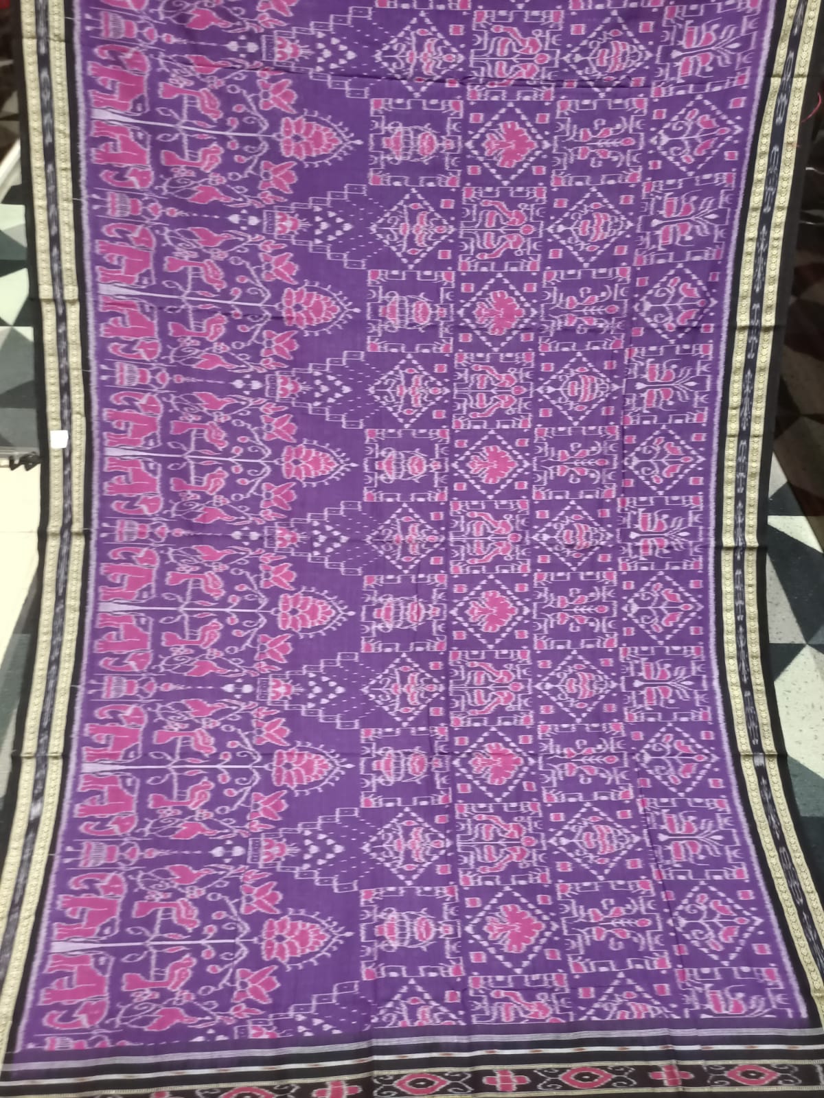Purple Black Animal & Tree Design Khandua Cotton Saree